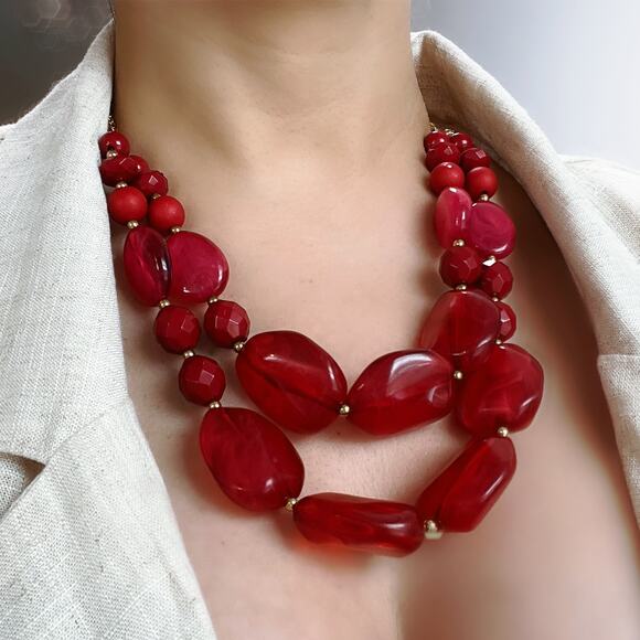 Red Resin Chunky Beaded Double Strand Statement Necklace - Picture 1 of 9